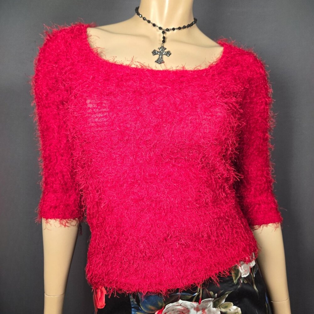 Vintage 90s Red  Shaggy Eyelash Sweater Size S Goth Grunge Punk